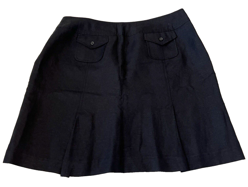 LARRY LEVINE Women's Linen Blend Skirt 12 Black Lined Pockets Zip Closure Career